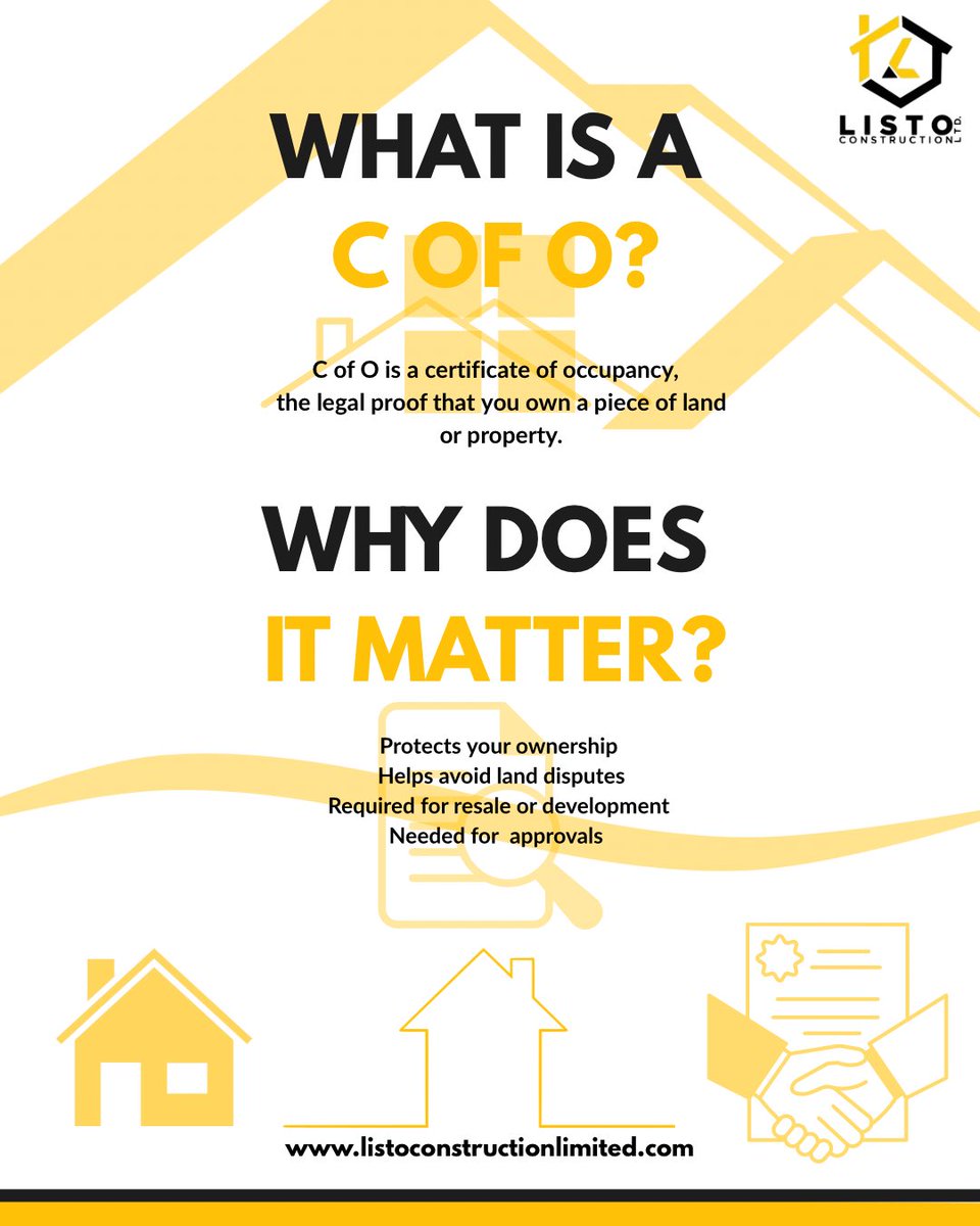 LtdListo36837's tweet photo. What’s a C of O &amp; why does it matter?
It’s your proof of land ownership, without it, your dream plot could become a nightmare.

At Listo, we build and verify.
Always check titles before you buy.

#CofO #ListoConstruction #AbujaRealEstate #ConstructionTips https://t.co/4FJMebpncw
