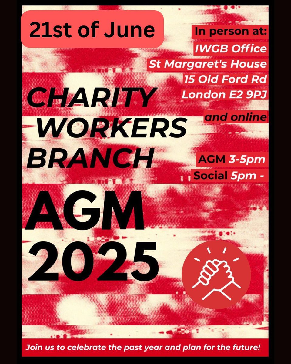It's that time of year again - the Charity Workers Branch AGM! Join us online or in person from 3 till 5pm on the 21st of June to celebrate this year's victories 💪 and planning the year ahead 🗺️

And stick around after the AGM for a branch social 🍕🪩 🍡 💃 🕺