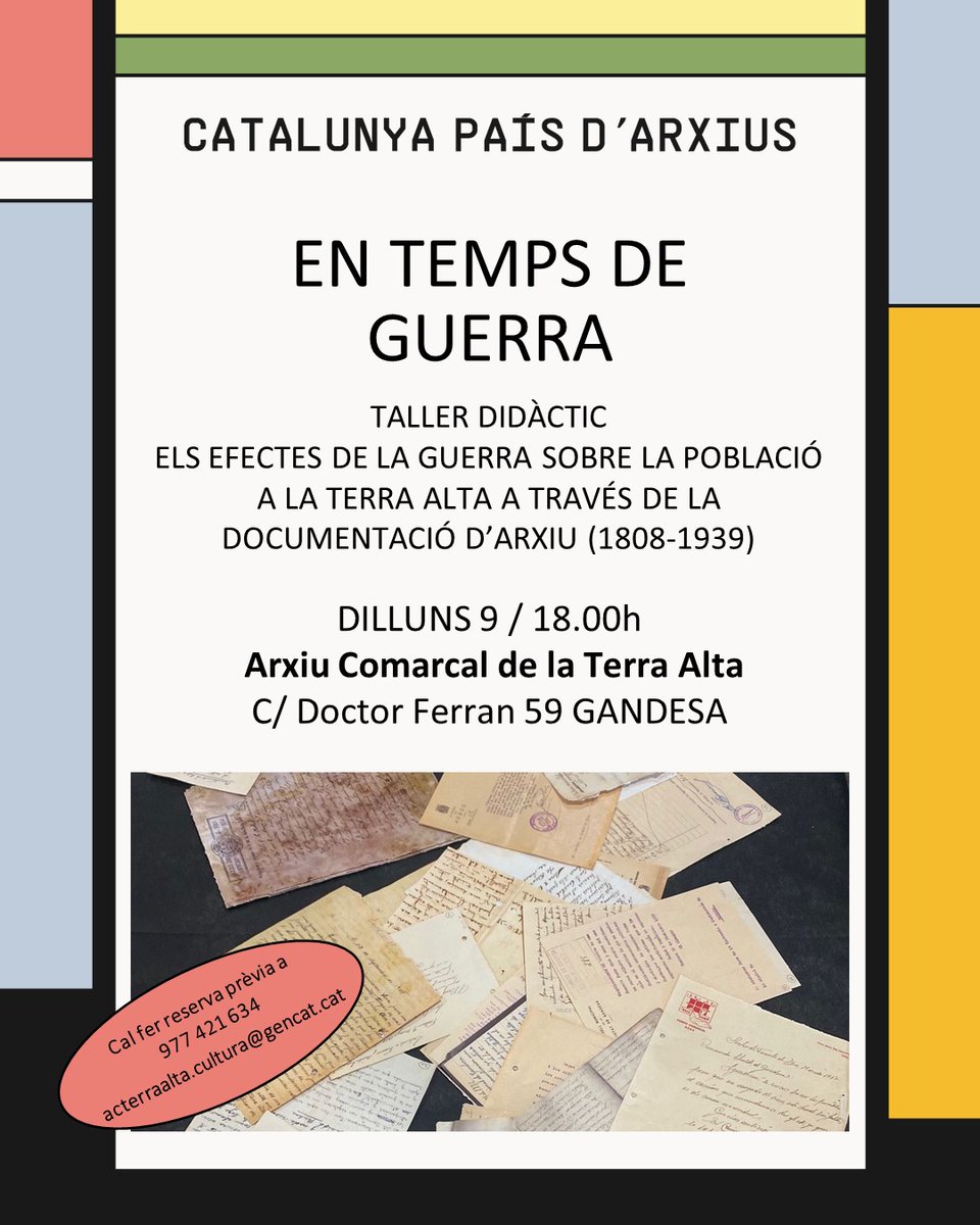 Aquesta #SIA2025 us convidem a un taller per apropar-vos a les conseqüències que la guerra té sobre la població amb exemples de la nostra comarca.
Dilluns 9 de juny a les 18:00 h
Reserva a: 977 421 634 / acterraalta.cultura@gencat.cat
#PaisArxius #Xac #Arxius <a href="/patrimonigencat/">Patrimoni</a>