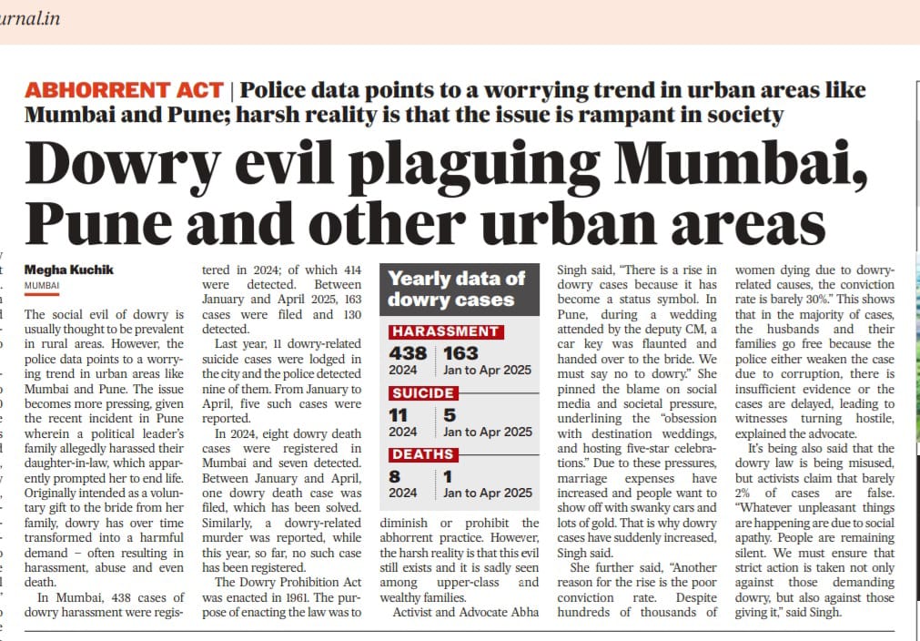 Abha Singh (@abhasinghlawyer) on Twitter photo Dowry is on the rise and a young bride committed Suicide in Pune due to harassment by in laws for getting less dowry. Husband and in-laws are in Jail now but ayoung life is lost. My views in <a href="/fpjindia/">Free Press Journal</a> today <a href="/meghakuchik1/">Megha Kuchik</a> Dowry is on the rise and a young bride committed Suicide in Pune due to harassment by in laws for getting less dowry. Husband and in-laws are in Jail now but ayoung life is lost. My views in <a href="/fpjindia/">Free Press Journal</a> today <a href="/meghakuchik1/">Megha Kuchik</a>