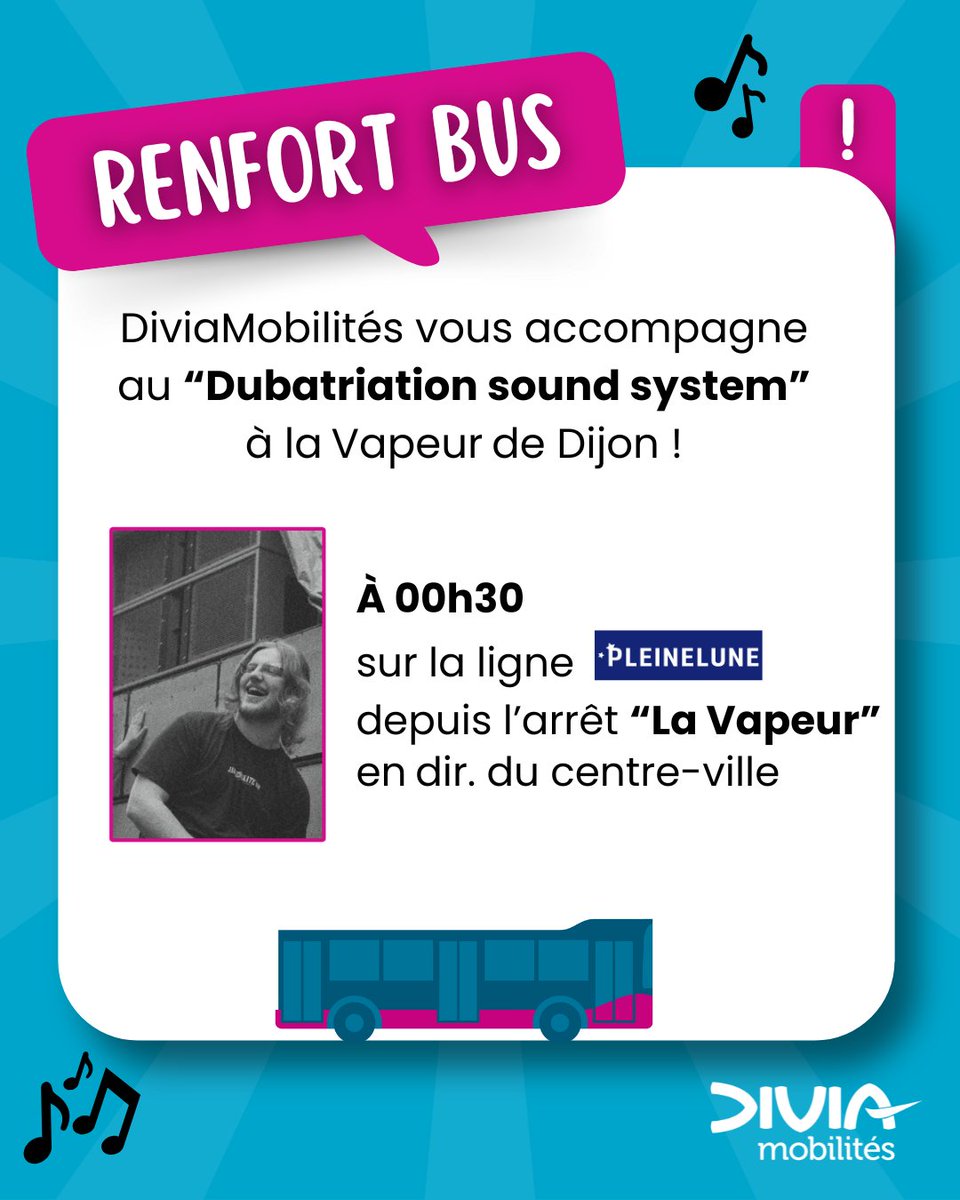 ÉVÉNEMENT
Vendredi 6/06, Dubatriation Sound System aura lieu à la Vapeur de Dijon ! 🤩
🚌Le réseau Divia Bus&amp;Tram vous accompagne et renforce son service avec un départ spécial mis en place à l’arrêt « La Vapeur » en dir. du centre-ville :
🔸à 00h30