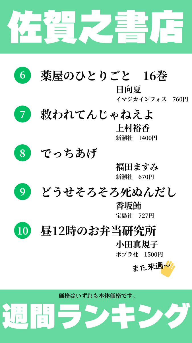 佐賀之書店
✨👑週間ランキング👑✨

6月最初のランキングです。
当店オーナー #今村翔吾 氏の #茜唄 が今週も首位を守り抜きました。新刊は #薬屋のひとりごと 最新刊、
わたしも愛読している #昼12時のお弁当研究所 がランクインしています。
#角川春樹事務所 #ポプラ社
#佐賀之書店週間ランキング