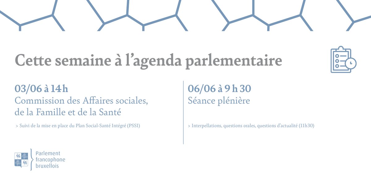 Cette semaine à l’agenda :
03/06 (14h) : commission des Affaires sociales, de la Famille et de la Santé
🎥 youtube.com/live/a8ph43mSX… 
06/06 (9h30) : séance plénière
🎥 youtube.com/live/CcIcKK1tN… 

Retrouvez l'ordre du jour de chaque réunion sur parlementfrancophone.brussels