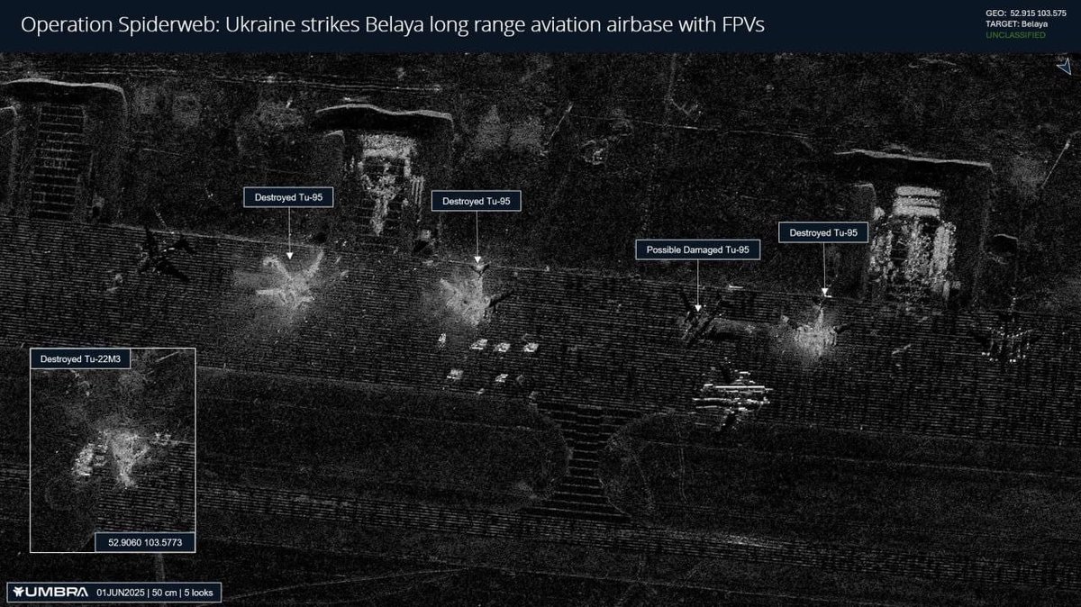 Did Zelensky really pull this off without NATO support?

Satellite images published in the West show damage at Russia’s Belaya Airbase in the Irkutsk region: three Tu-95MS bombers and one Tu-22M3 hit, another Tu-95MS damaged.
