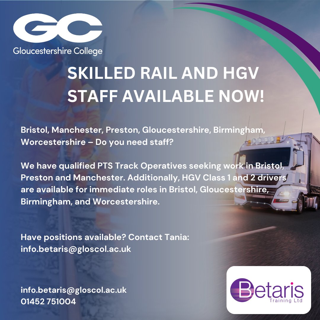 Betaris Training (@betaristraining) on Twitter photo Solve your staffing shortages and save money on recruitment costs with our immediate access to PTS Track Operatives and HGV Class 1 and 2 Drivers!
Contact us today at info.betaris@gloscol.ac.uk
#allfollowers #railway #HGV#DreamJob #recruitment Solve your staffing shortages and save money on recruitment costs with our immediate access to PTS Track Operatives and HGV Class 1 and 2 Drivers!
Contact us today at info.betaris@gloscol.ac.uk
#allfollowers #railway #HGV#DreamJob #recruitment
