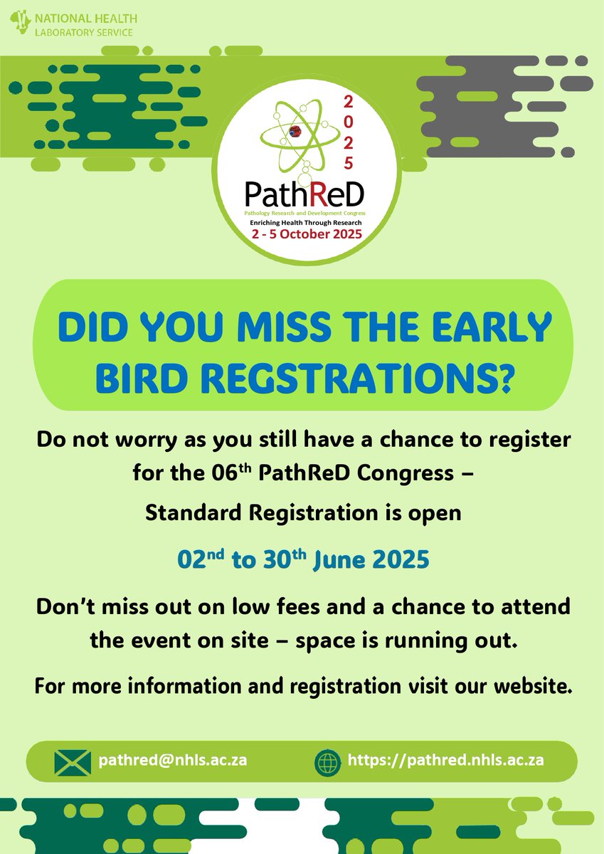 Calling all researchers, healthcare and laboratory professionals: register for #PathReDCongress2025 now!

 Visit our website for more information and to register:

📌 pathred.nhls.ac.za
📆 2 to 30 June 2025

#pathred  #nhls #research #healthresearch #conference #pathology