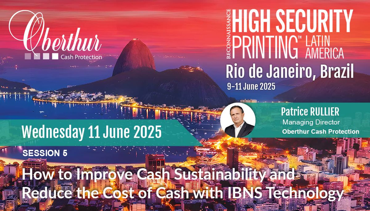 OberthurCP's tweet photo. Countdown to High Security Printing™ Latin America in Rio, 9-11 June 2025! 🗓 Join us on 11 June for Session 5 with Patrice Rullier, Managing Director of Oberthur Cash Protection, presenting: "Enhancing Cash Sustainability and Cutting Costs with IBNS Technology." https://t.co/Vvk0u9KDQW