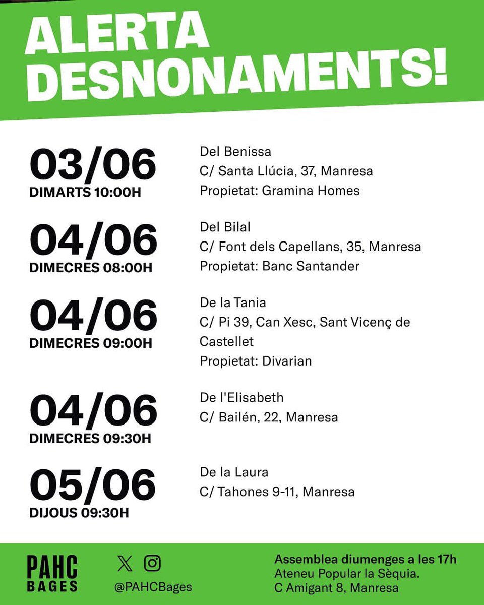 🟢‼️ ALERTA! Aquesta setmana tenim 5 desnonaments a la comarca del Bages! 

Davant d’un sistema que no garanteix un habitatge digne, la PAHC sortim als carrers per defensar les nostres cases 🔥✊