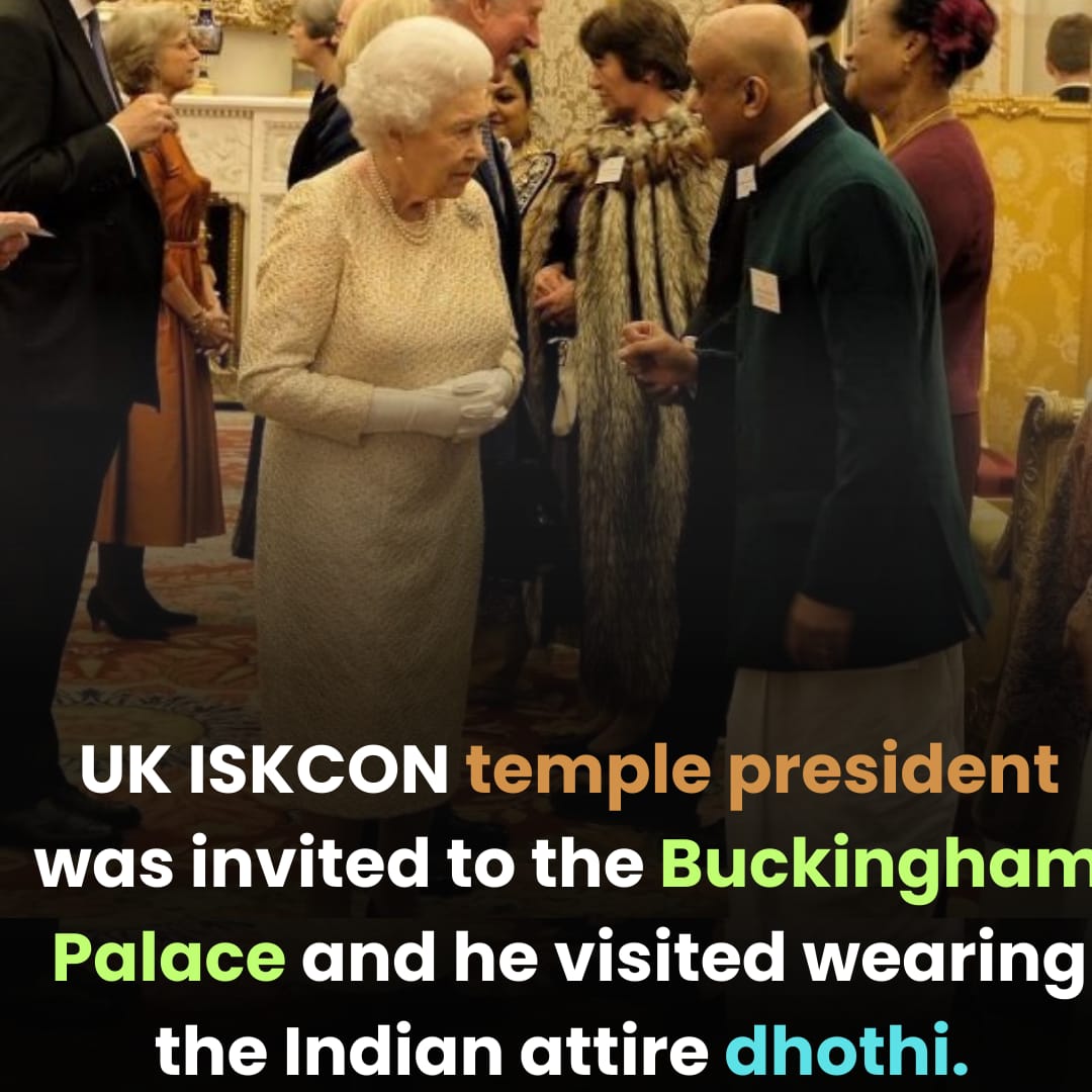 HareKrsnaTV's tweet photo. What an incredible honor! The president of the UK ISKCON Temple was invited to Buckingham Palace, proudly adorned in traditional Indian dhothi. A beautiful blend of culture and respect in such a historic place! 🇮🇳✨
#harekrsnatv #culturalpride #iskcon  #joyfulmoments #harekishna https://t.co/HPbPkrjJRS
