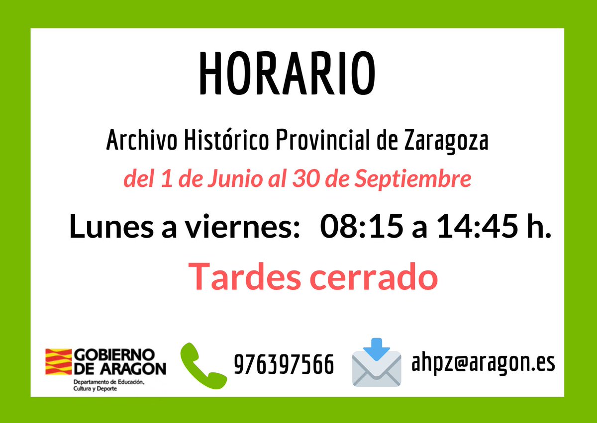 🗓️Del 1 de junio hasta el 30 de septiembre, el 🏰 Archivo Histórico Provincial de Zaragoza ofrecerá sus servicios a los usuarios ⏰ de 8:15 a 14:45 en horario de 🏖️🌞verano.
Para más información en:
📩 ahpz@aragon.es
☎️ 976397566