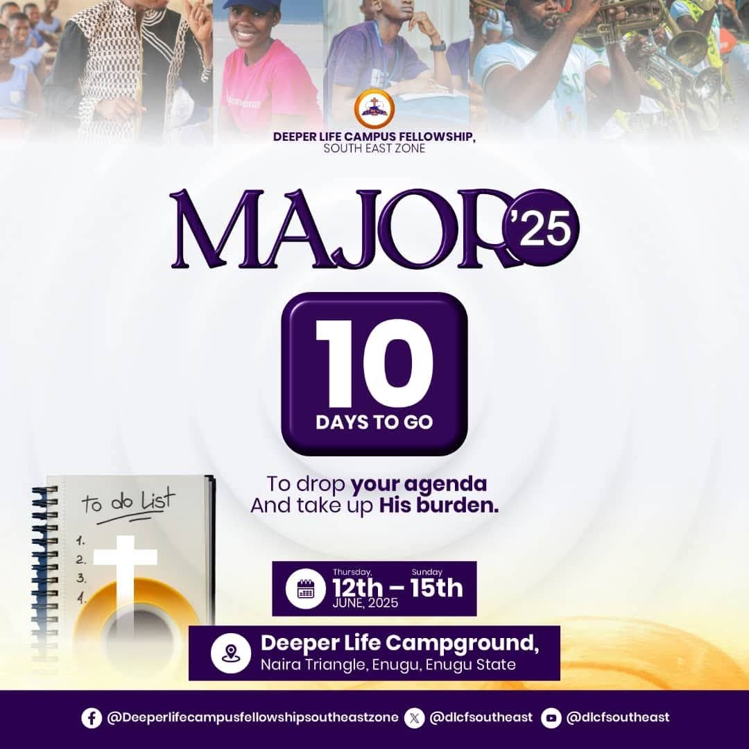 DLCFSouthEast's tweet photo. 🔥 10 DAYS TO GO — “Drop your agenda and take up His burden"

There are only 10 days standing between you and a divine encounter that can rewrite your life forever.

Heaven counts down differently — not with calendars, but with hunger.

#MAJOR25 #DlcfSouthEast
#Heaveniscalling https://t.co/utfMN9azrR