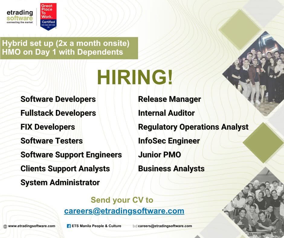 iamfabuLUD's tweet photo. We’re HIRING!
Join Etrading Software, a certified Great Place to Work® with hybrid setup and HMO coverage on Day 1—including your dependents!

#hiringnow #hiring #techjobs #JoinOurTeam #etradingsoftware #GreatPlaceToWork #hybridwork #careeropportunity https://t.co/R0q7lZZ2Tj