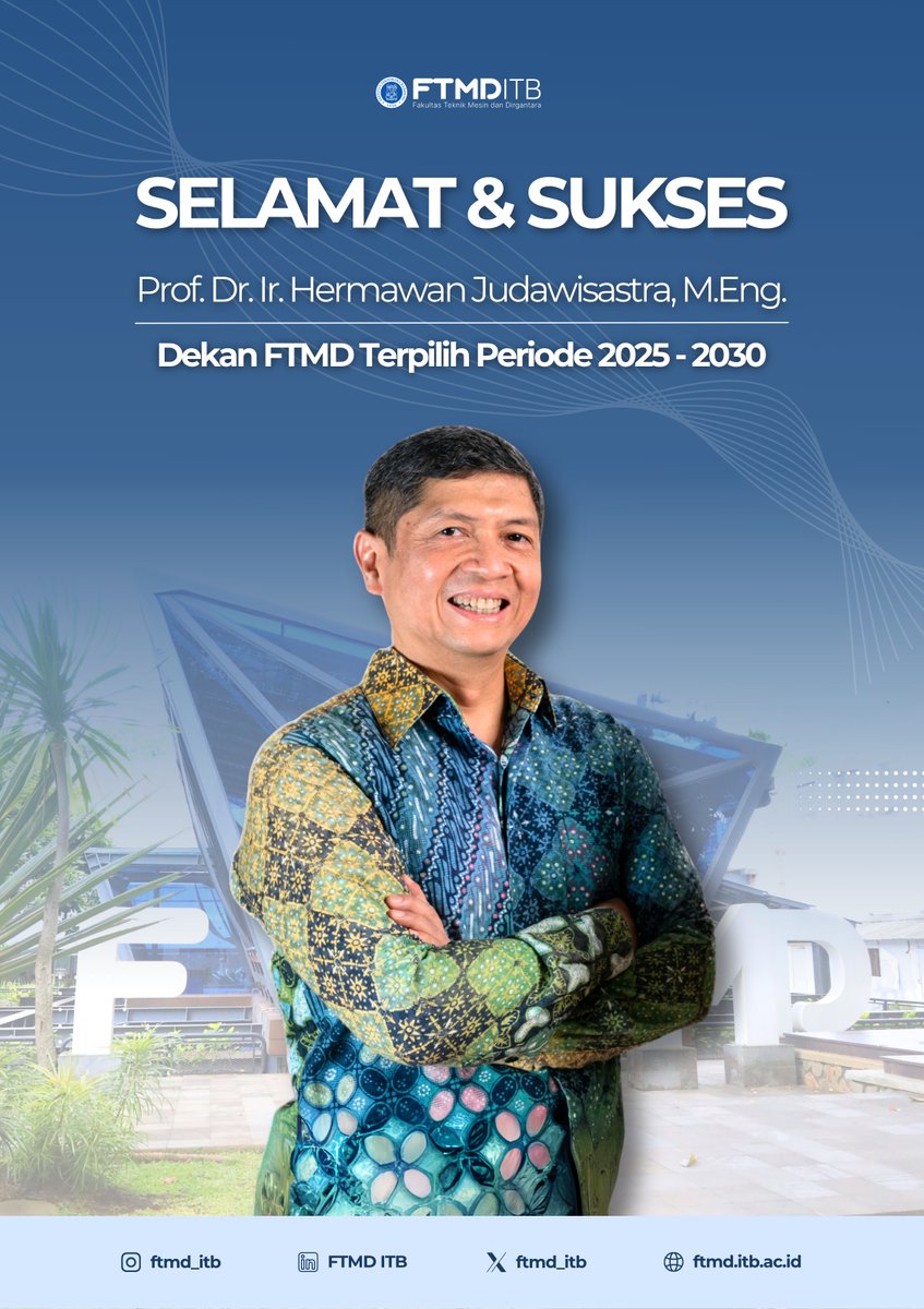 ftmd_itb's tweet photo. Selamat dan sukses kepada Bapak Prof. Dr. Ir. Hermawan Judawisastra, M.Eng. atas terpilihnya sebagai Dekan FTMD ITB periode 2025-2030.

Semoga dapat menjalankan amanah ini dengan baik dan diberikan kemudahan dalam menjalankan tugas untuk membawa FTMD ITB meraih prestasi! https://t.co/8de2sBCg2y