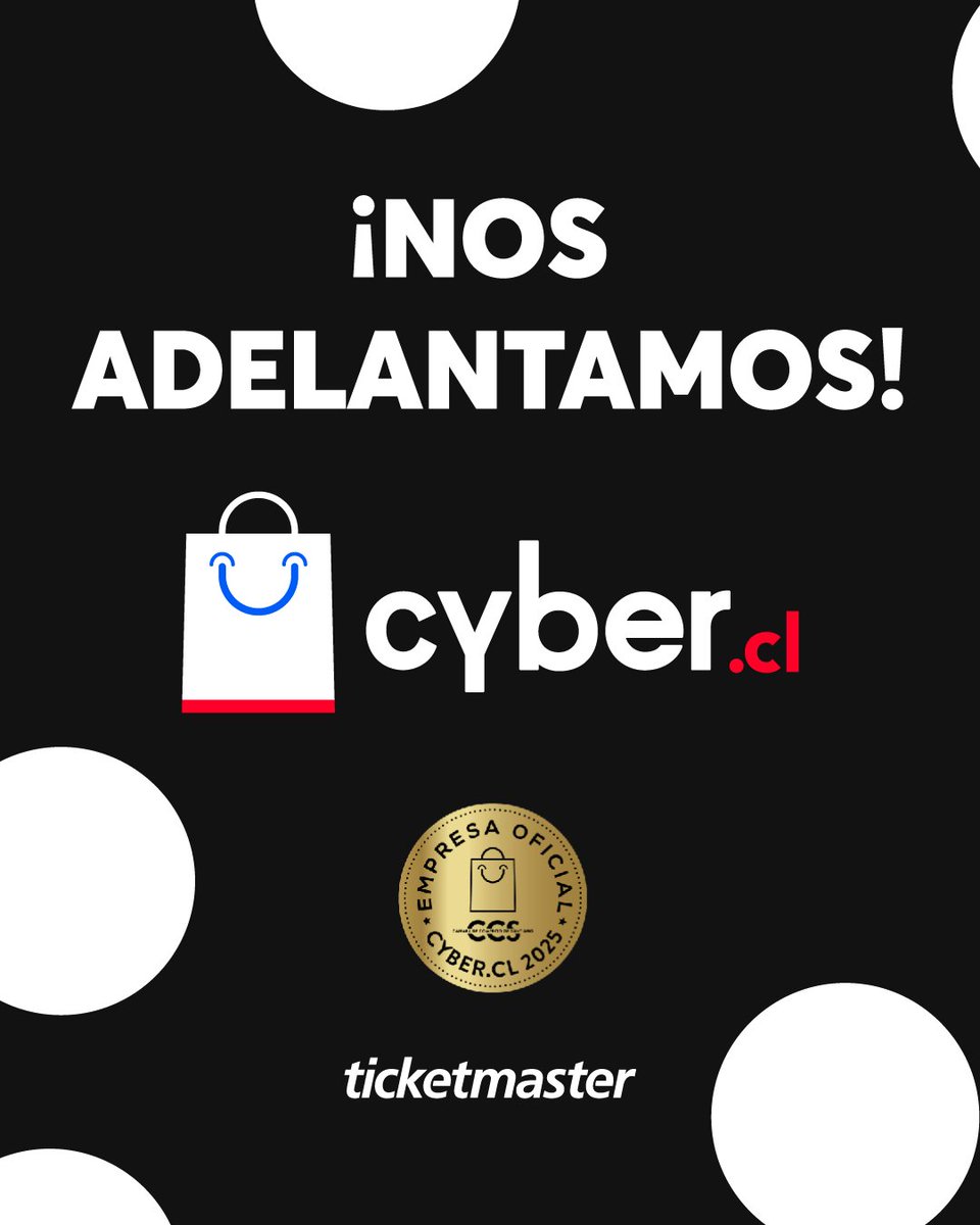 Ticketmaster Chile (@ticketmastercl) on Twitter photo ¡Nuestro <a href="/CyberDaysChile/">Cyber Chile</a> 💸 2025 comienza antes 🔥!
Porque esperar no es lo nuestro ¡Ya activamos nuestras ofertas para disfrutar los mejores eventos en vivo 🎤💥!
🎟️ Revisa todas las oportunidades #CyberCL en bit.ly/4kmU7tV ¡Nuestro <a href="/CyberDaysChile/">Cyber Chile</a> 💸 2025 comienza antes 🔥!
Porque esperar no es lo nuestro ¡Ya activamos nuestras ofertas para disfrutar los mejores eventos en vivo 🎤💥!
🎟️ Revisa todas las oportunidades #CyberCL en bit.ly/4kmU7tV
