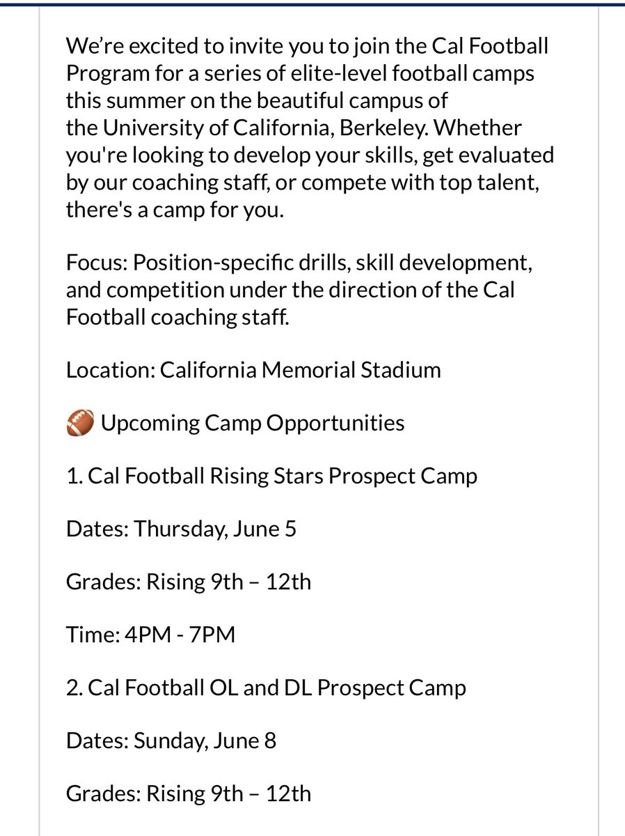 Thank you to Cal Berkeley for the camp invite. Go Bears! 🏈🏈