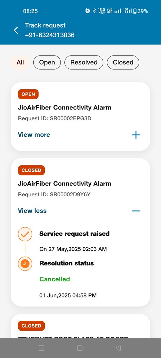 dreamckt's tweet photo. @reliancejio @JioCare kindly check there are two requests i have raised.
One was on 27th no response then I closed yesterday and raised again .
This is for air fiber connection.what kind of bullshit service you guys are providing.
Looting money that's it. https://t.co/zz01rcuar1