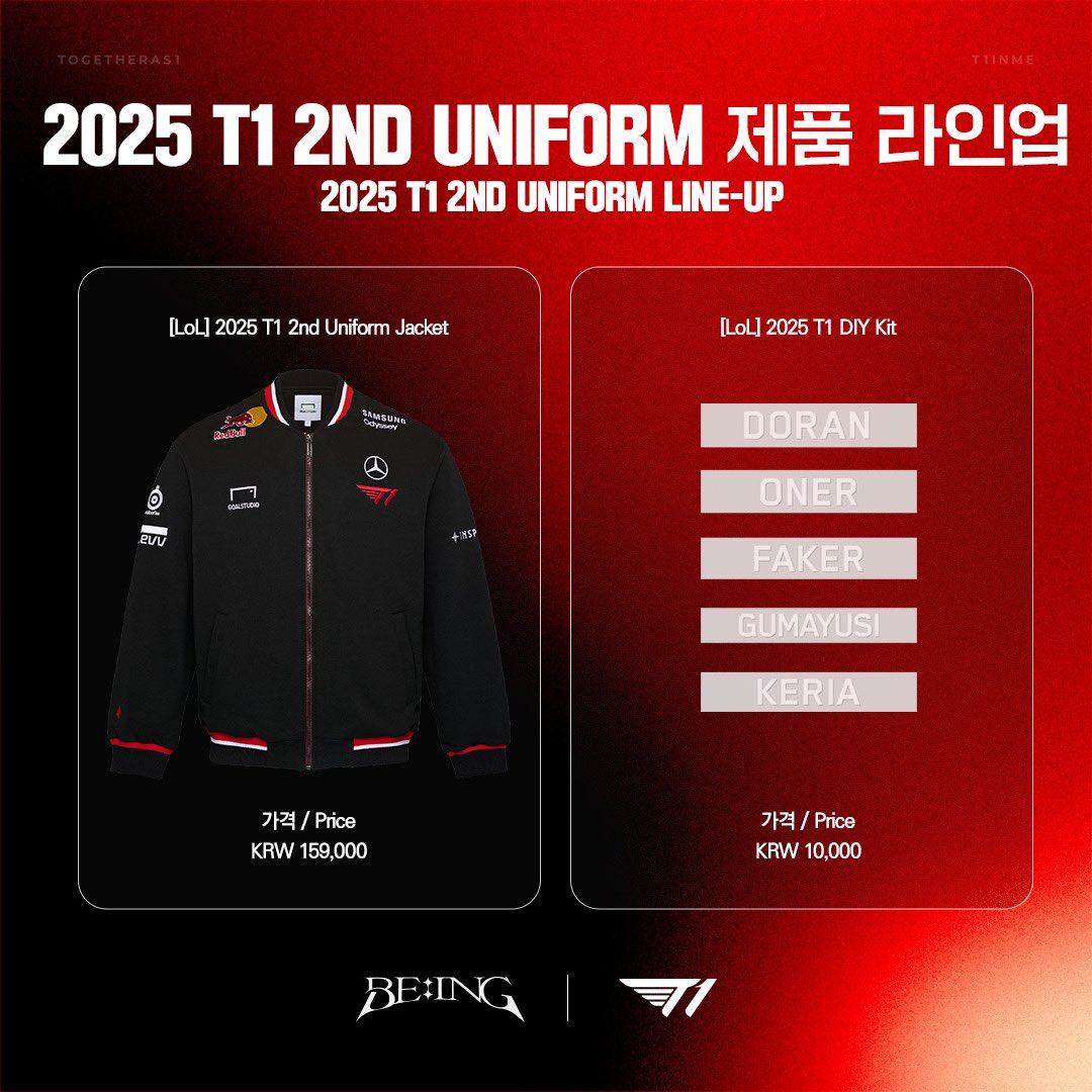 T1LoL's tweet photo. ✨𝟐𝟎𝟐𝟓 𝐓𝟏 𝐋𝐨𝐋 𝟐𝐧𝐝 𝐔𝐧𝐢𝐟𝐨𝐫𝐦 𝐋𝐢𝐧𝐞-𝐮𝐩✨

6월 4일부터 2025 T1 2nd Uniform의 선판매가 시작됩니다! 선판매에 대한 보다 자세한 내용은 https://t.co/5PY2NejxqJ에서 확인하실 수 있습니다.

Pre-sales for the 2025 T1 2nd Uniform starts June 4th. Please visit the https://t.co/5PY2NejxqJ for more details!

#TogetherAs1