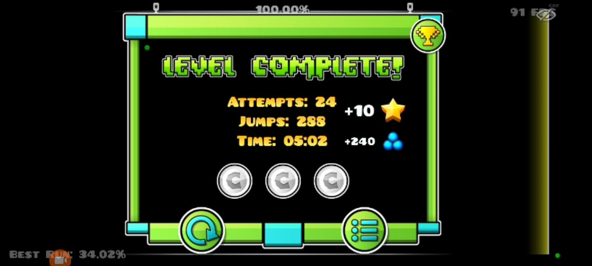 Cataclysm 100%, 21,317 intentos, fluke del 65%, la verdad me fue mejor de lo que esperaba, me lo pasé super rapido, el primer 40% es lo mas molesto del nivel, pero pasando eso la verdad el nivel es super consistente, un dream demon que me quise pasar desde 2016, full recomendado.