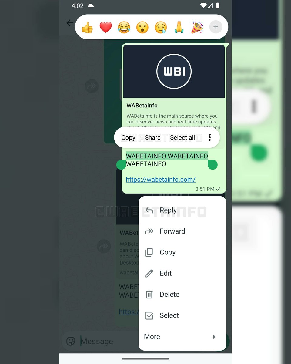 bibekjoshii's tweet photo. #WhatsApp Beta 2.25.18.3 (Android) Update 📢

Soon, users will be able to select &amp; copy just part of a message — not the whole thing! 📝

A handy feature coming in a future update.

Photo &amp; Source: WABetaInfo

#WhatsAppchat  #BetaUpdate #Android #TechNews #MessagingFeatures https://t.co/xuZcvuCEmE