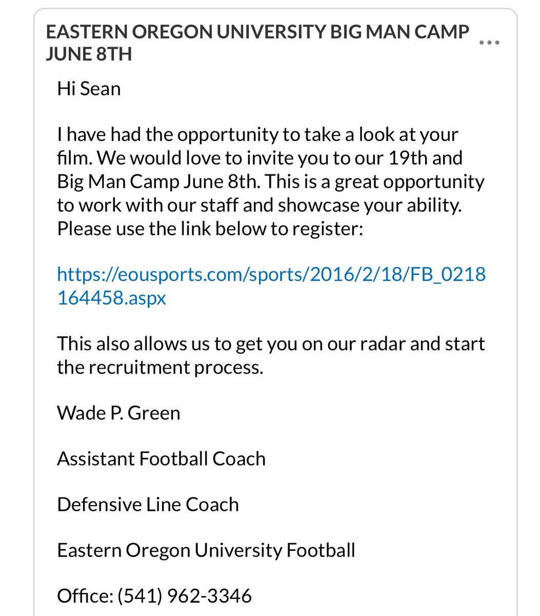 Thank you for the camp invite, Eastern Oregon. Mount Up! 🏈🏈 <a href="/wadegreen12/">Wade Green</a>