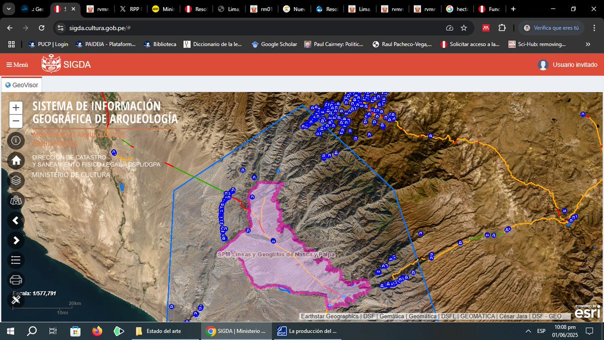 1/7 A mi me gusta ver estos casos emblemáticos de disputa por el territorio en mapas. Así que va un 🧵 con cartografía recopilada.

En 1993 se creó la reserva arqueológica de las Líneas y Geoglifos de #Nasca. En 2004, se precisó que la reserva tenía un área de 5 633.47 Km2.