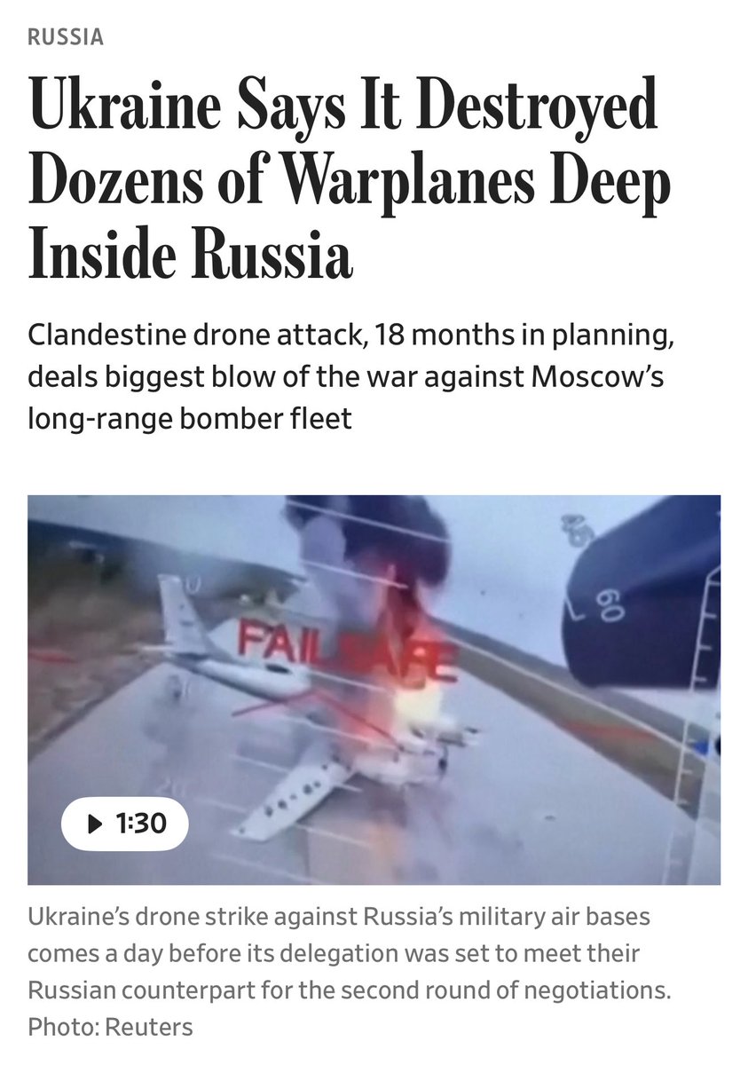 Putin invaded Ukraine and slaughtered tens of thousands.

Now — in an op straight out of the Mossad playbook — Ukraine just wiped out 30% of Russia’s nuclear-capable strategic bombers.

America should be applauding 👏
