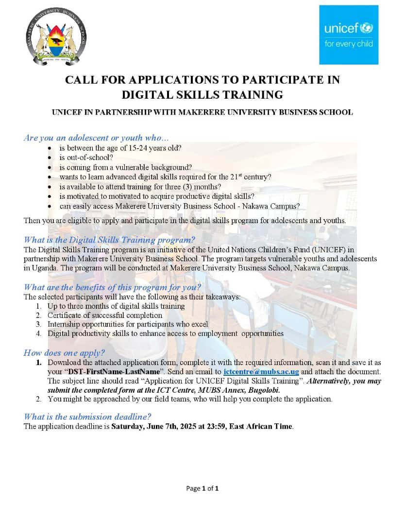 Makerere University Business School (@officialmubs) on Twitter photo We're excited to announce that MUBS, in partnership with <a href="/UNICEFUganda/">UNICEF Uganda</a> , is set to roll out the 2025 Digital Skills Training Program for out-of-school adolescents and youths this June! This comes after the successful implementation of the pilot program by the <a href="/MUBSICTCentre/">MUBS ICT Centre</a> in We're excited to announce that MUBS, in partnership with <a href="/UNICEFUganda/">UNICEF Uganda</a> , is set to roll out the 2025 Digital Skills Training Program for out-of-school adolescents and youths this June! This comes after the successful implementation of the pilot program by the <a href="/MUBSICTCentre/">MUBS ICT Centre</a> in