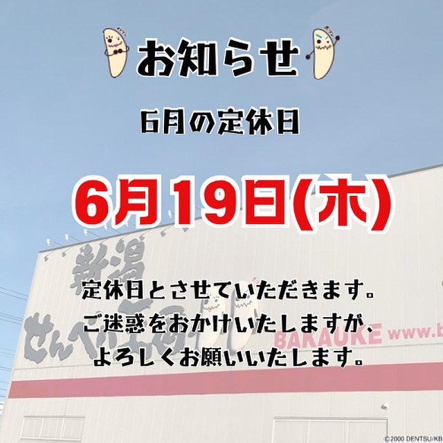 こんにちは！
 #新潟せんべい王国 です！
今月の定休日となります。よろしくお願いいたします🙏