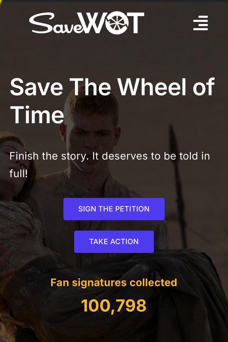 100K!!!!!!!! 

#SaveWoT #TheWheelOfTime 

<a href="/SPTV/">Sony Pictures Television 📺</a> <a href="/PrimeVideo/">Prime Video</a> <a href="/AppleTV/">Apple TV</a> <a href="/peacock/">Peacock</a> <a href="/HBO/">HBO</a> <a href="/hbomax/">HBO Max</a> <a href="/hulu/">Hulu</a> <a href="/DisneyPlus/">Disney+</a> <a href="/netflix/">Netflix</a> <a href="/TheWheelOfTime/">THE WHEEL OF TIME</a> 

If you haven’t yet signed the petition, what are you waiting for? The 4th Age?!! Go to SaveWoT.com now! Let’s flip the score!