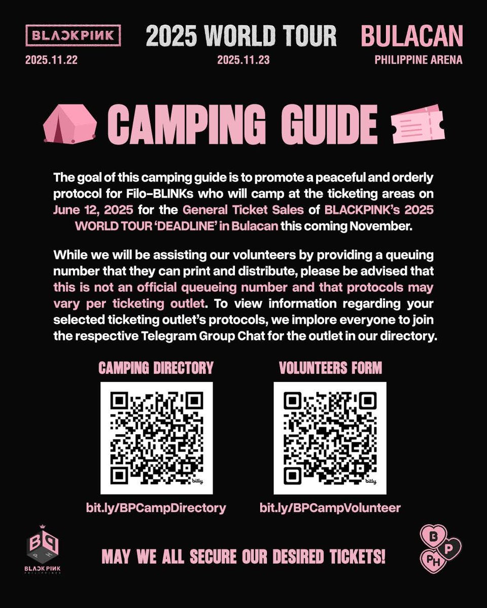 #BLACKPINK WORLD TOUR <DEADLINE> IN BULACAN - GENERAL TICKET SELLING CAMPING GUIDE

✨MAY WE ALL SECURE OUR DESIRED TICKETS✨

You can join your respective group chats depending on which SM Ticket Outlet you choose.
🔗bit.ly/BPCampDirectory

#DEADLINE #JISOO #JENNIE #ROSÉ #LISA