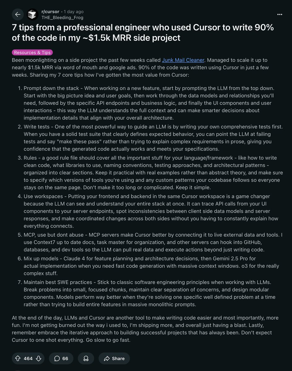 shao__meng's tweet image. Reddit 看到的一位专业工程师使用 Cursor 开发一个 $1.5k MRR 副业项目的 7 个核心经验

1. 从高层到低层逐步提示
开发新功能时，先向 AI 描述整体目标和用户需求，再逐步细化到数据模型、API 端点、业务逻辑，最后是 UI 组件，确保 AI 理解全栈上下文，生成更符合架构的代码

2. 先写测试用例…