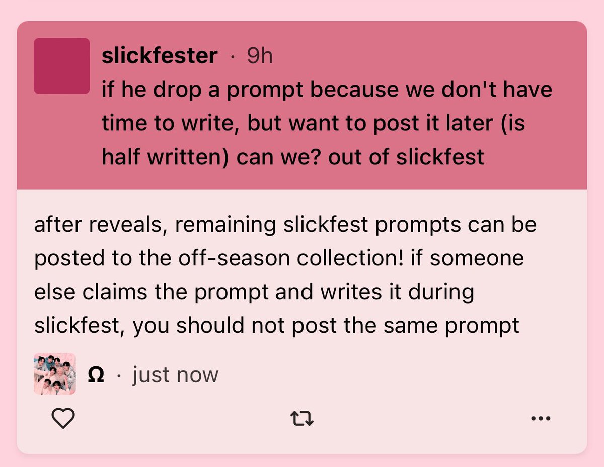 if we drop a prompt because we don’t have time to write, but want to post it later (is half written) can we? — after reveals, remaining slickfest prompts can be posted to the off-season collection! ++ neospring.org/+r/18776889224…