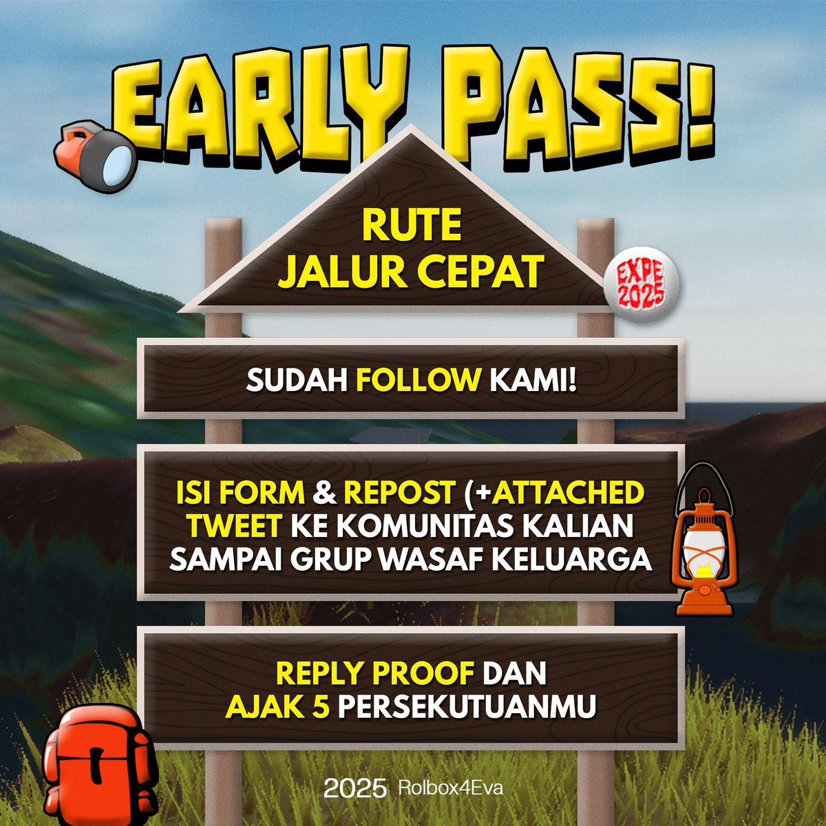 Rolbox4Eva's tweet photo. EARLY PASS!!! 📢

We are looking for 2 Males + 2 Females to go down bad 🎢 and climb back up stronger #anjay 🧗🏼‍♂️ 

Form: https://t.co/9zv69zwW7s
Register yourself before June 3, 5PM (GMT+7).

Ga usah byk tny y, syaratnya udah gampang bgt ini 🦶🏼 https://t.co/ycaqxrLEoC