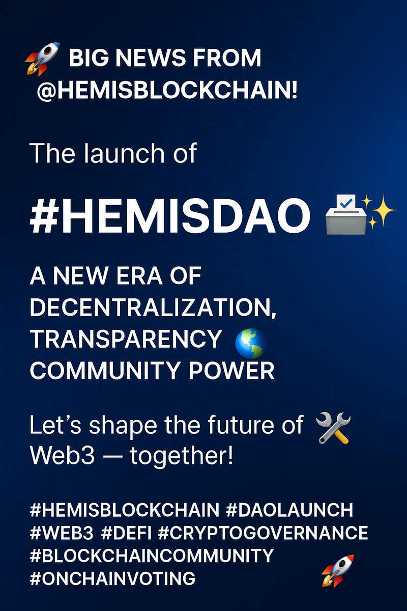 DestrikerL's tweet image. Big news The launch of #HemisDAO is here! 
A new era of decentralization, transparency, and community power begins! 🌐
#HemisBlockchain #DAOlaunch #Web3 #DeFi #CryptoGovernance #BlockchainCommunity #OnChainVoting 
@TheDeFiEdge @DAOSquare @lefterisjp @a16zcrypto @VitalikButerin