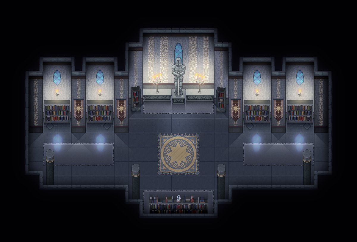 《The Witch's Sacrifice》
Unfinished mapping practice >w<
The dim library of a church √

#Snow_Hermit_Library 
#rpgmaker #RPGツクール