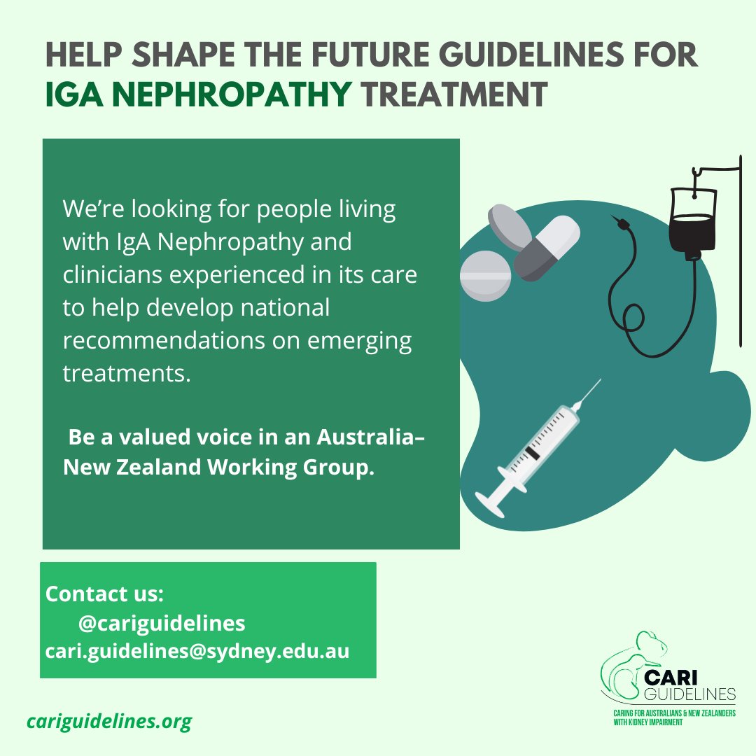 CARI Guidelines (@cariguidelines) on Twitter photo 🧬 Have experience with IgA Nephropathy?
Join the CARI Guidelines 🇦🇺🇳🇿 Working Group to help shape national recommendations on emerging treatments.
Please contact us
📧 cari.guidelines@sydney.edu.au
🔗 cariguidelines.org
#Nephrology #IgANephropathy #KidneyHealth 🧬 Have experience with IgA Nephropathy?
Join the CARI Guidelines 🇦🇺🇳🇿 Working Group to help shape national recommendations on emerging treatments.
Please contact us
📧 cari.guidelines@sydney.edu.au
🔗 cariguidelines.org
#Nephrology #IgANephropathy #KidneyHealth