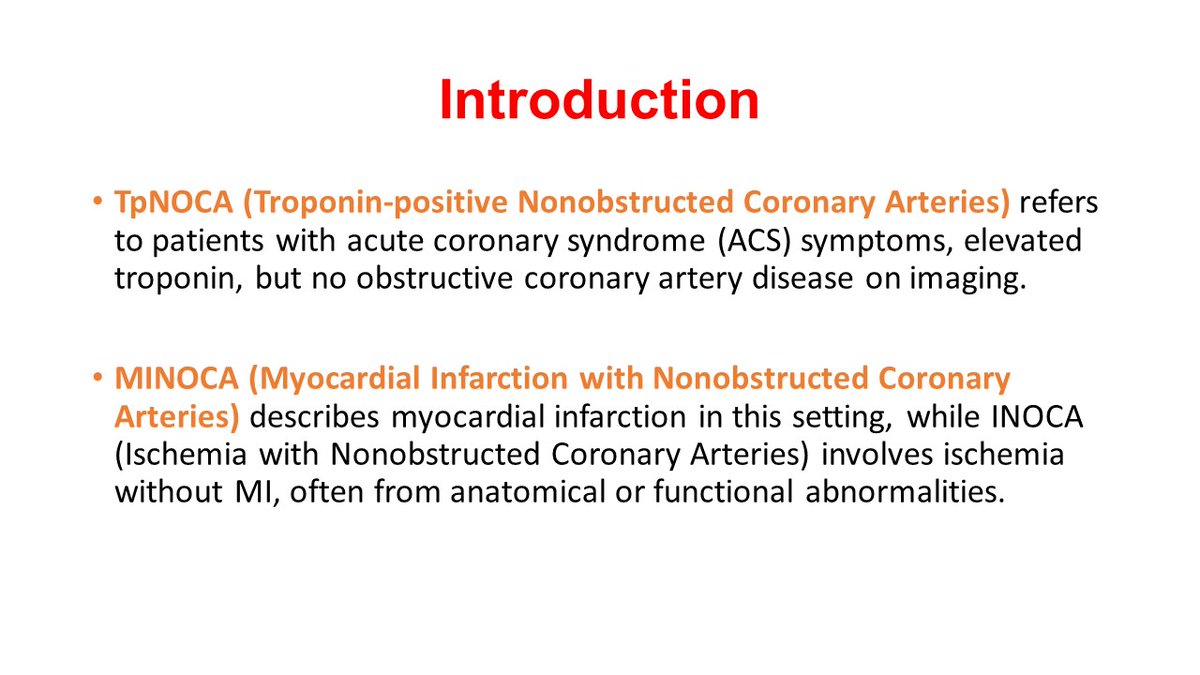 Furkan Ufuk (@drfurkanufuk) on Twitter photo TpNOCA refers to ACS patients with elevated troponin but no obstructive CAD, with MINOCA indicating myocardial infarction and INOCA indicating ischemia (often from anatomical or functional causes) in this context. TpNOCA refers to ACS patients with elevated troponin but no obstructive CAD, with MINOCA indicating myocardial infarction and INOCA indicating ischemia (often from anatomical or functional causes) in this context.