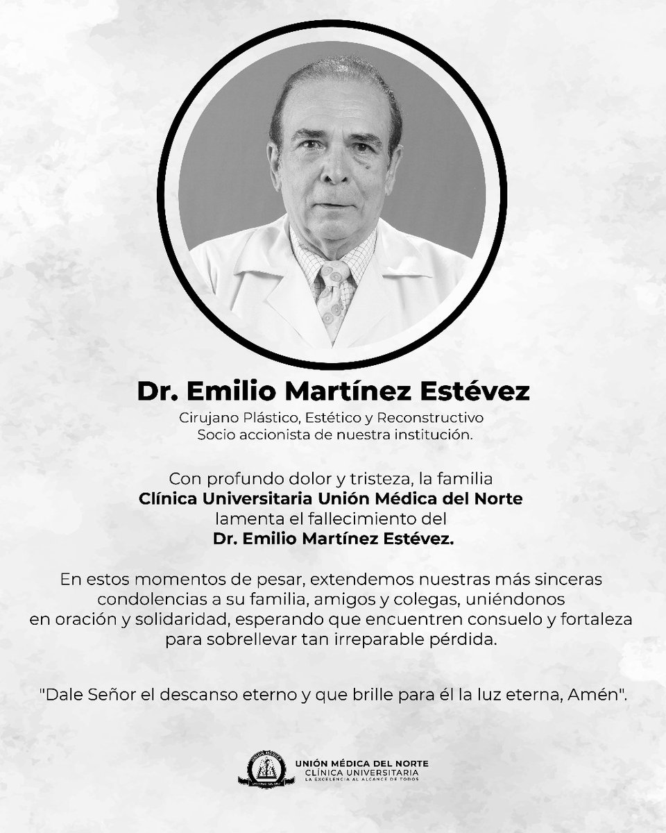 🕊️ Con profundo pesar nos despedimos del Dr. Emilio Martínez Estévez, eminente cirujano plástico, estético y reconstructivo, y querido socio de nuestra institución.

Su legado de entrega y excelencia médica permanecerá siempre entre nosotros. 

Descanse en paz 🕊️