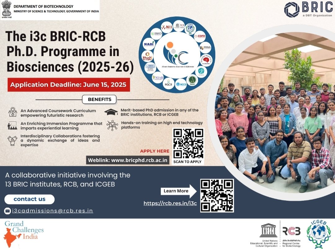 DBT-IBSD (@dbt_ibsd) on Twitter photo Applications invited from candidates for the Prestigious i3c BRIC-RCB PhD programme in Biosciences under Department of Biotechnology, GOI for the year 2025-2026 <a href="/DBTIndia/">Department of Biotechnology</a> <a href="/DrJitendraSingh/">Dr Jitendra Singh</a> <a href="/rajesh_gokhale/">Rajesh Gokhale</a> Applications invited from candidates for the Prestigious i3c BRIC-RCB PhD programme in Biosciences under Department of Biotechnology, GOI for the year 2025-2026 <a href="/DBTIndia/">Department of Biotechnology</a> <a href="/DrJitendraSingh/">Dr Jitendra Singh</a> <a href="/rajesh_gokhale/">Rajesh Gokhale</a>