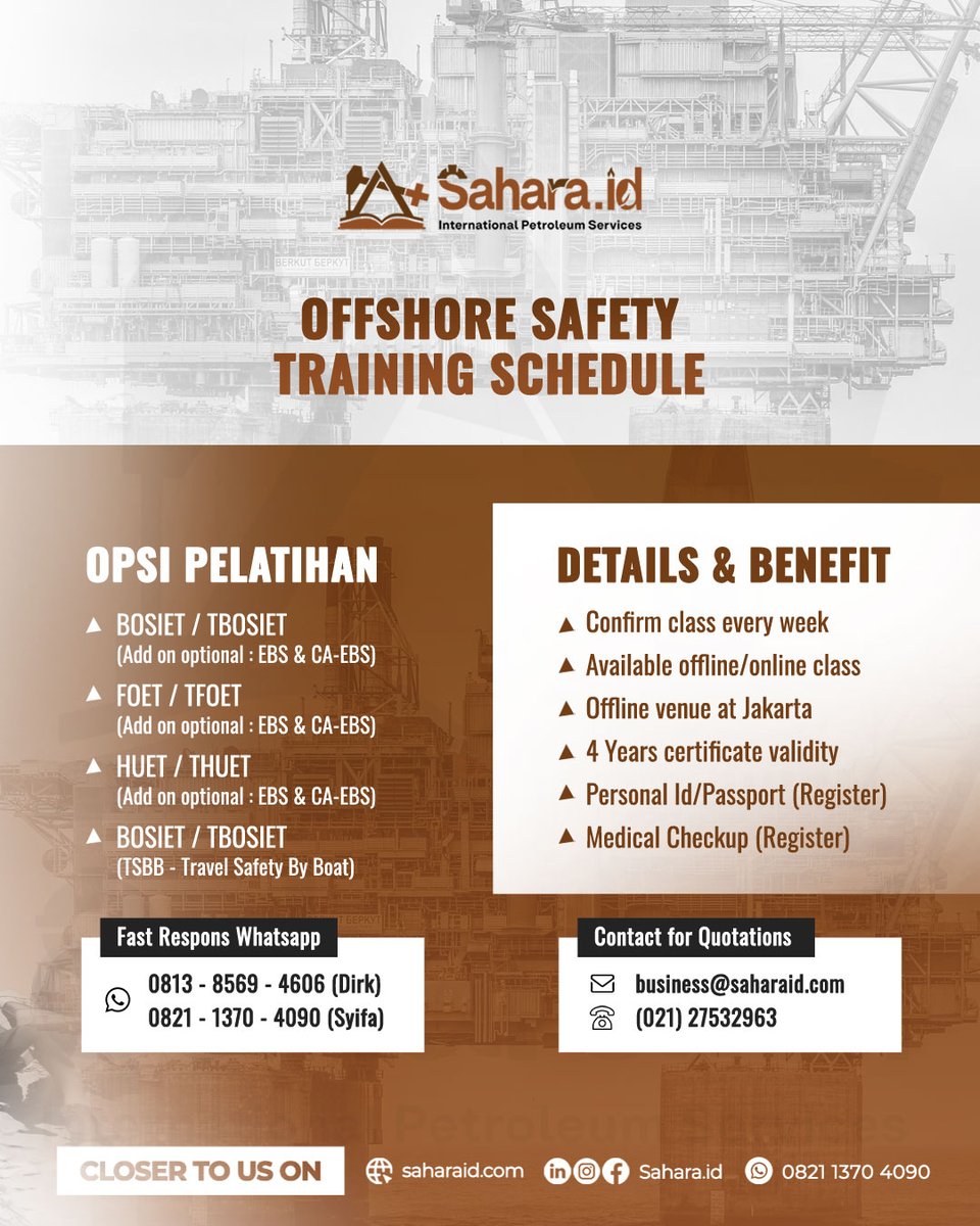 Saharaid_'s tweet image. Hal Paling Penting Buat Kerja Di Offshore 
⁣
📌 Pelatihan OPITO Offshore Safety Training adalah langkah awal yang tepat! 🤩 

#saharaid #offshoresafety #bosiet #foet #huet #opito #safetytraining #petroleumengineer #riglife #drillingengineer #petroleum #oilandgas #oilandgasjob