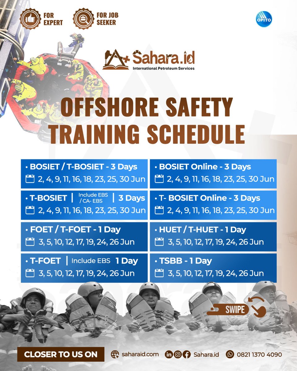 Saharaid_'s tweet image. Hal Paling Penting Buat Kerja Di Offshore 
⁣
📌 Pelatihan OPITO Offshore Safety Training adalah langkah awal yang tepat! 🤩 

#saharaid #offshoresafety #bosiet #foet #huet #opito #safetytraining #petroleumengineer #riglife #drillingengineer #petroleum #oilandgas #oilandgasjob