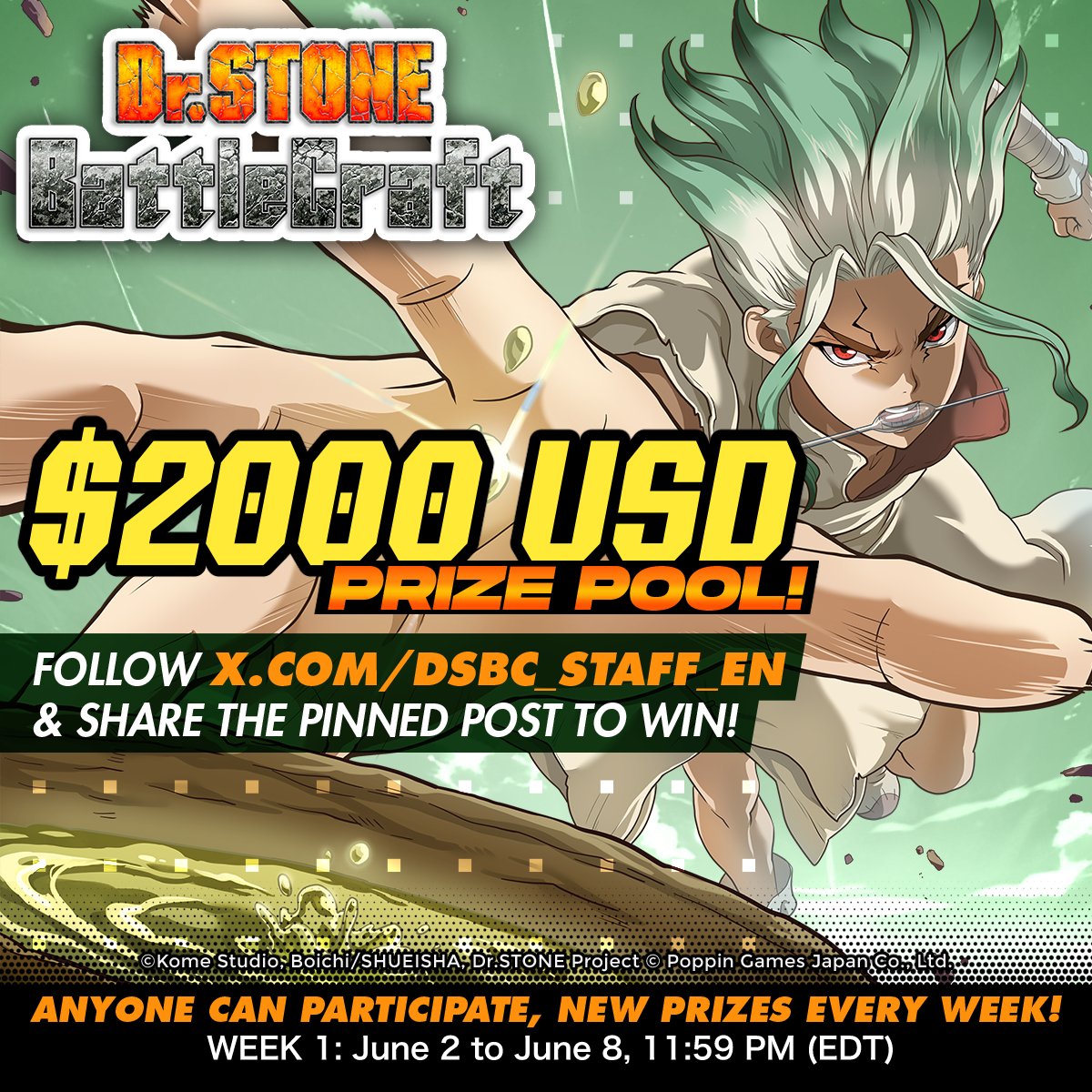 🚀It's time to get excited for Dr. STONE!

We're giving away Dr. STONE merchandise at a total prize pool of up to $2000 to people who:
1 - Follow <a href="/dsbc_staff_en/">Dr.STONE Battle Craft</a>
2 - Repost and Like this post

More details in our first reply to this post.
 #DrSTONE_BC #Giveaway