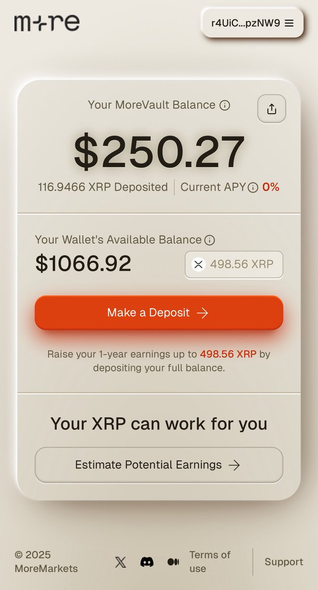 LJ (@cryptolwj) on Twitter photo <a href="/moremarketsxyz/">MoreMarkets</a> still one of the dapps I’m most excited about for XRP in general.
Simple & easy UX, sustainable yield on XRP by using cross-chain DeFi - direct interaction from <a href="/XamanWallet/">Xaman® Wallet 🪝</a> wallet.
Whilst there is risk involved, we live & operate in crypto and everything is <a href="/moremarketsxyz/">MoreMarkets</a> still one of the dapps I’m most excited about for XRP in general.
Simple & easy UX, sustainable yield on XRP by using cross-chain DeFi - direct interaction from <a href="/XamanWallet/">Xaman® Wallet 🪝</a> wallet.
Whilst there is risk involved, we live & operate in crypto and everything is