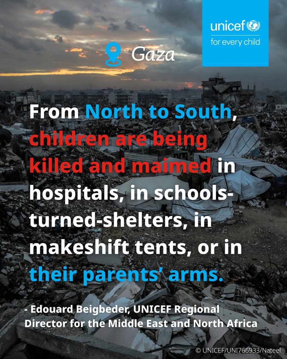 UNICEF_Thailand's tweet image. Children in Gaza are not safe in hospitals, in schools, not even in their parent’s arms.
UNICEF is once again calling for an immediate ceasefire and the urgent delivery of humanitarian aid. Children must be protected. The killing must stop.