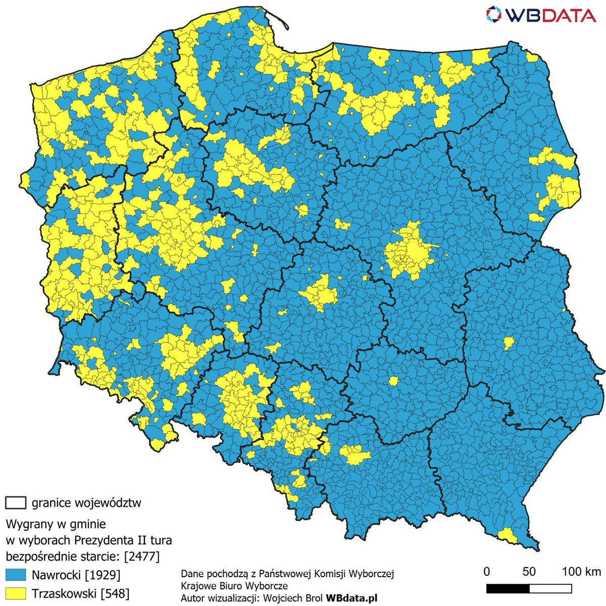 wbdata's tweet image. Pierwsza mapa wyborcza 2025 z drugiej tury. Starcie Trzaskowski vs. Nawrocki w gminach #WyboryPrezydenckie2025  więcej map na wbdata.pl/wybory-prezyde…