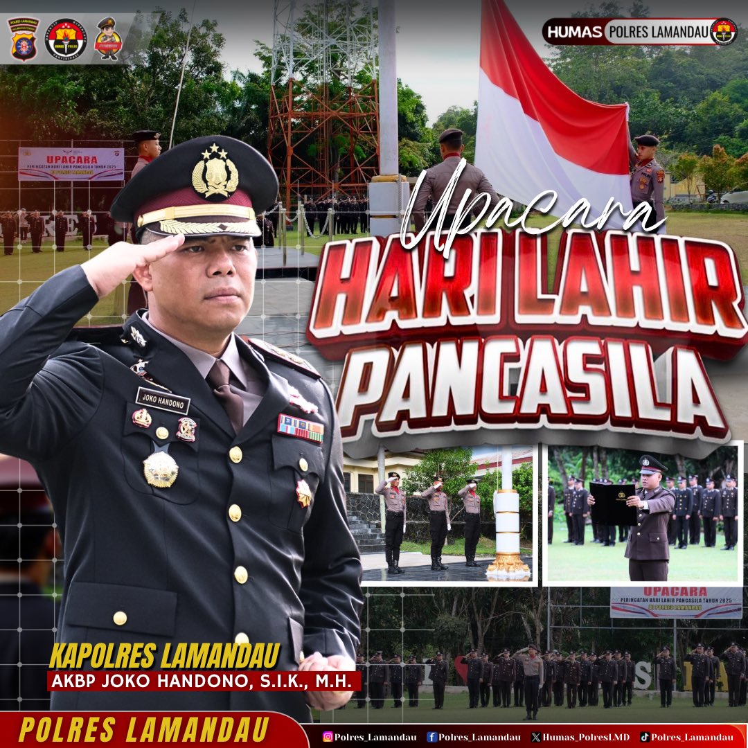 Humas_PolresLMD's tweet photo. Polres Lamandau melaksanakan Upacara Peringatan Hari Lahir Pancasila dengan khidmat dan penuh semangat kebangsaan,  Upacara yang berlangsung di halaman Mapolres Lamandau pada hari Senin, (2/6/25) Pagi. https://t.co/BfdecgtTTC