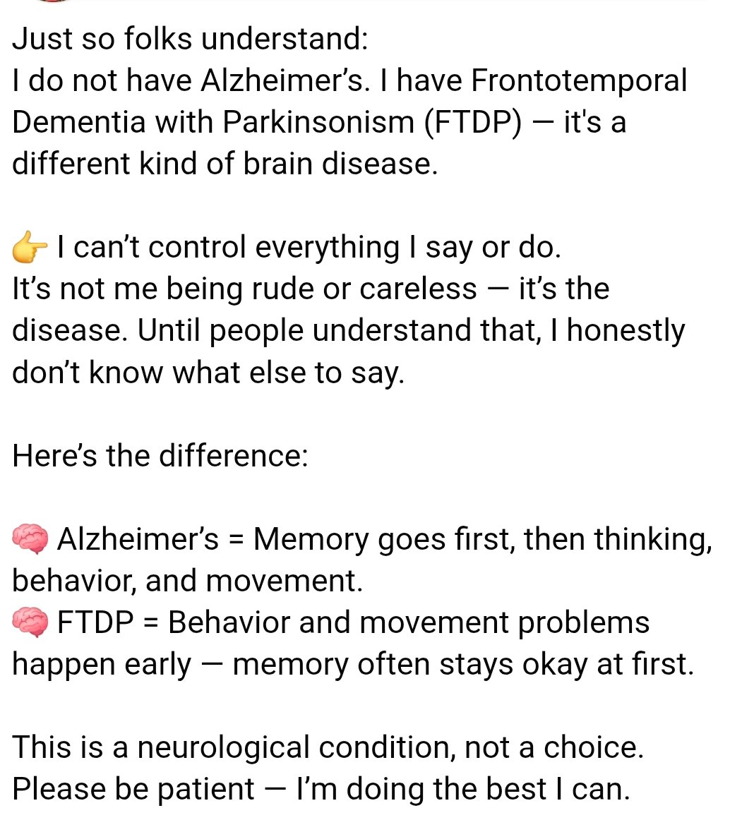 mikeso3691's tweet image. FTD-P affects your brain, body &amp;amp;behavio
in ways others can&apos;tsee orunderstand.
Even well-meaningfamily &amp;amp;friends
struggle with invisible symptoms,
damaging relationships whenyouneed
supportmost. #FTDP #InvisibleIllness
#NeedSupport