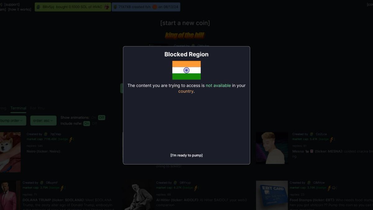 lynk0x's tweet photo. 🚨Pumpfun to block india from using the platform 😳 https://t.co/PTcpjWNiTI