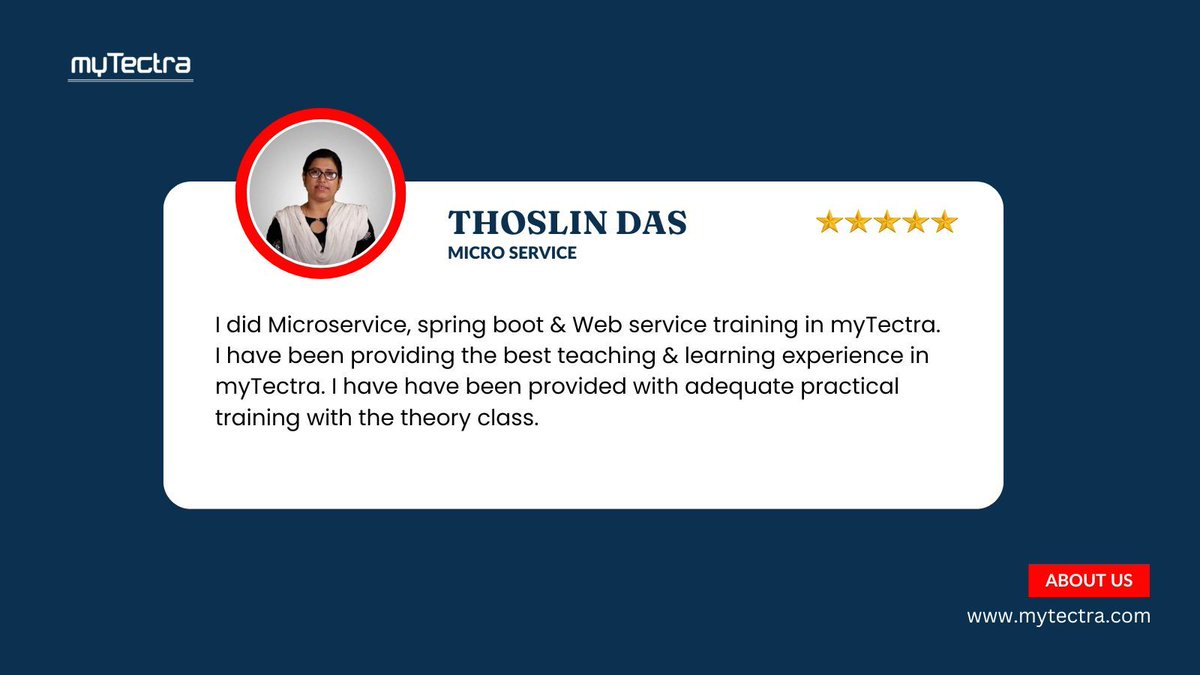 mytectra's tweet photo. 💻 Thoslin Das’s Journey Through Microservices, Spring Boot &amp; Web Services at myTectra — A Game-Changing Experience! 🚀

📞 Call Now: +91 8047112411
🌐 Learn More: https://t.co/i7T2mpCgQZ 

#MicroservicesTraining #SpringBoot #WebServices #myTectra #TechSkills https://t.co/Gi84ZwvzkL