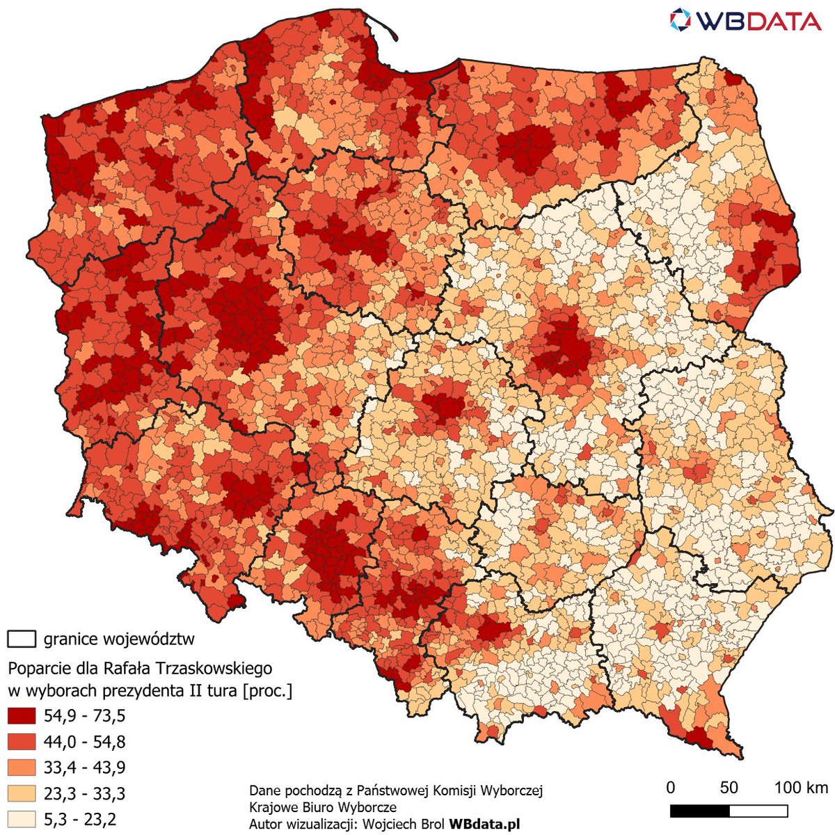 wbdata's tweet image. Mapa poparcia dla Rafała Trzaskowskiego w #WyboryPrezydenckie2025 @trzaskowski_